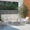 Amilly 5 Seater White Aluminium Sofa Lounge Set - Beige Cushion - Image 2
