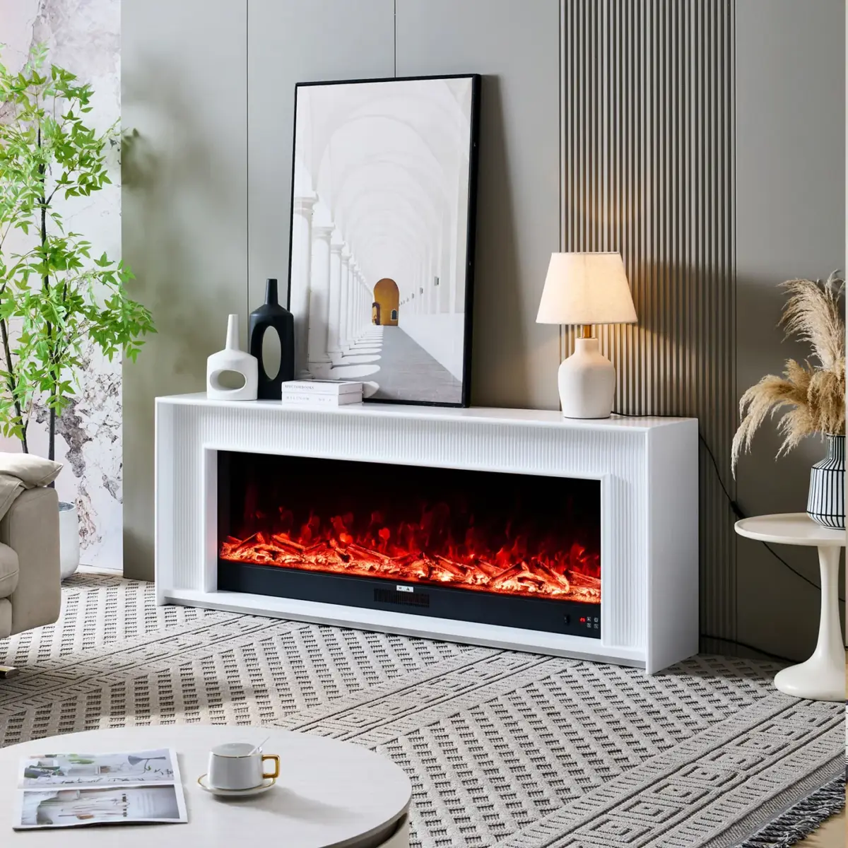 Aurevia White Mantel Electric Fireplace Suite with 60 Inch Lumera Insert - Image 4